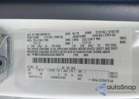 2018 Ford Escape Se из США, поврежденный, VIN 1FMCU9GD0JUC30075